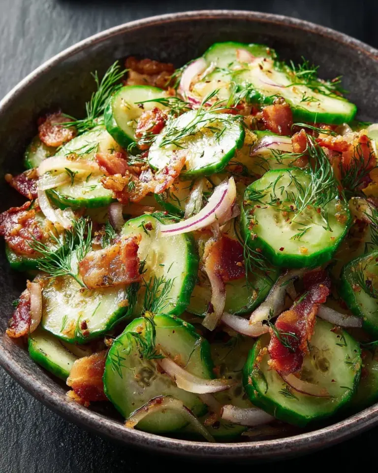 Cucumber salad with crispy bacon and fresh ingredients