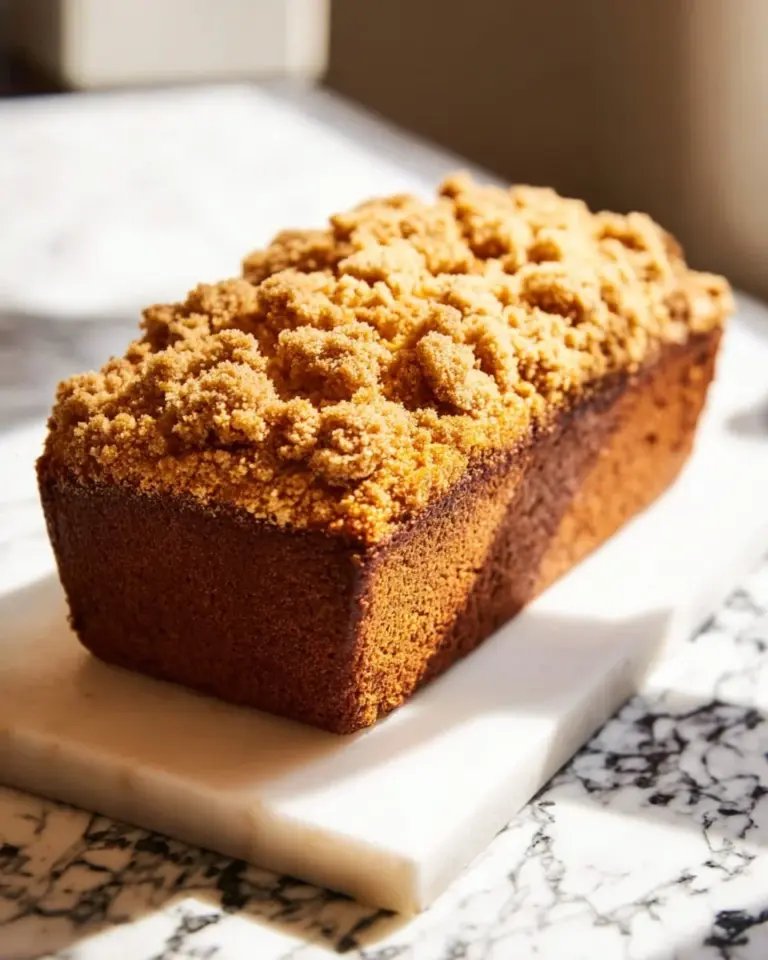 Slice of easy pumpkin bread with crumb topping on a rustic table.