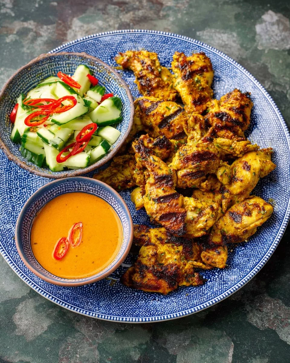 Delicious Thai Chicken Satay served with peanut sauce on a platter.