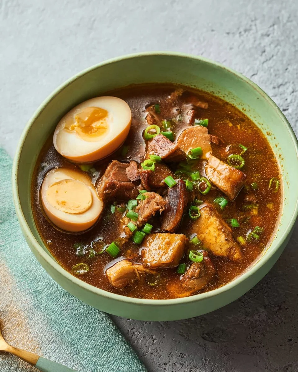 Five Spice Eggs and Pork Belly Stew in a bowl garnished with herbs
