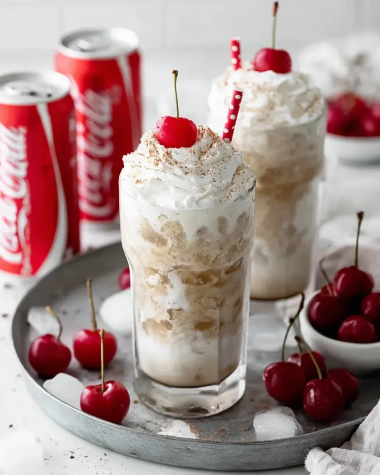 A glass of Fluffy Coke topped with creamy foam and colorful sprinkles.