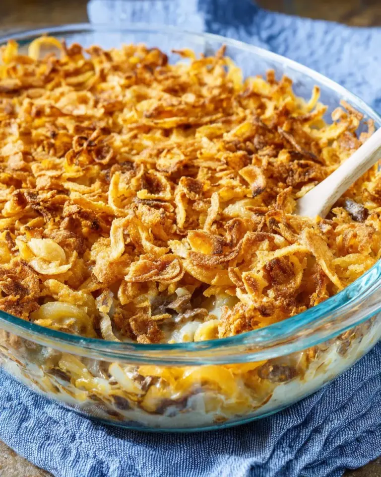 Delicious French onion beef casserole topped with melted cheese and fresh herbs