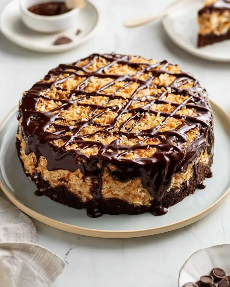 Delicious slice of German Chocolate Cheesecake topped with coconut and pecans.