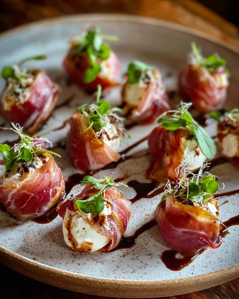 Delicious Goat Cheese Bonbons wrapped in prosciutto on a serving platter