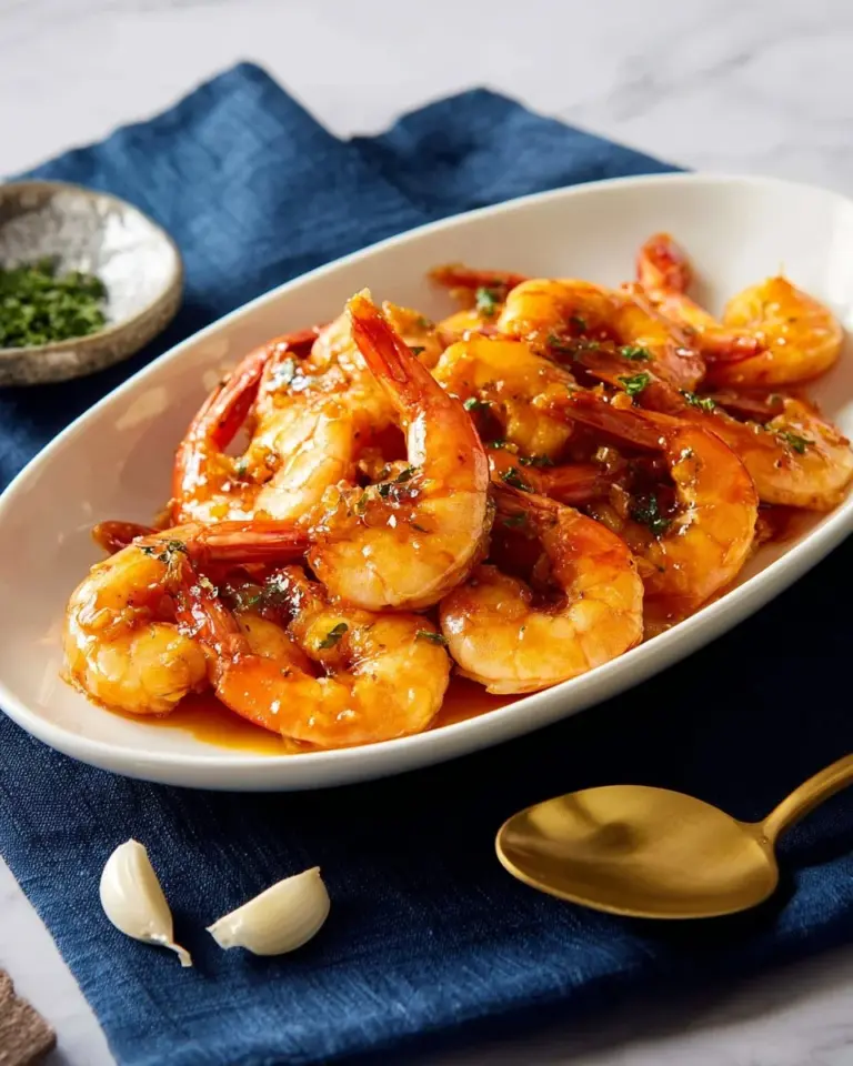 Plate of Grandma's Garlic Shrimp with fresh herbs and a lemon wedge
