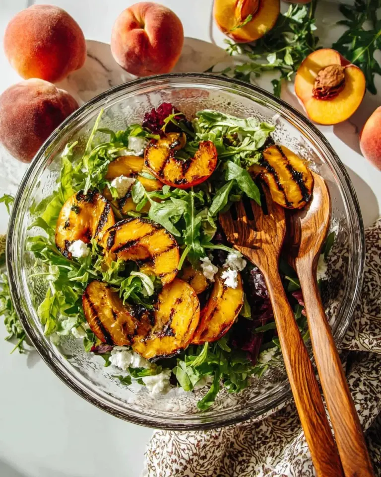 Delicious grilled peach salad with fresh greens and toppings