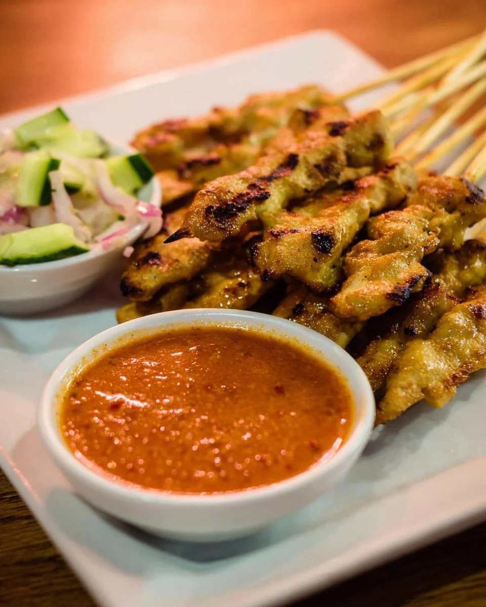 Delicious grilled pork satay skewers with creamy peanut sauce.