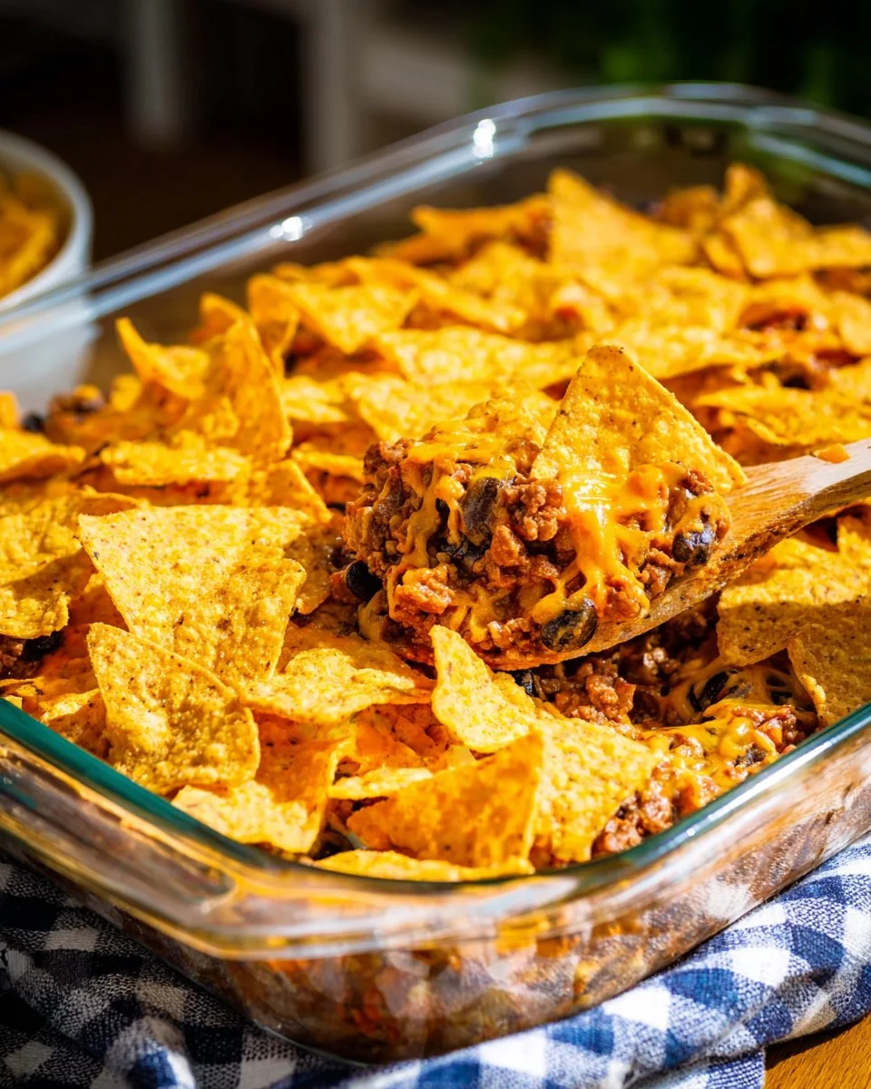 Ground Beef Doritos Casserole topped with crunchy Doritos