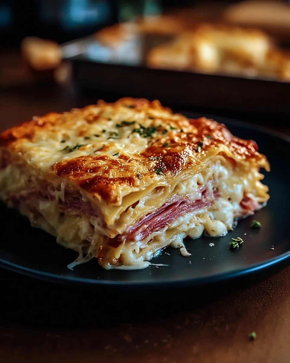 Homemade Reuben Bake with layers of corned beef, sauerkraut, and cheese