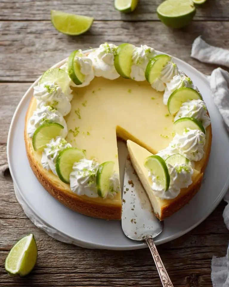 Delicious homemade key lime cheesecake topped with lime zest and whipped cream.