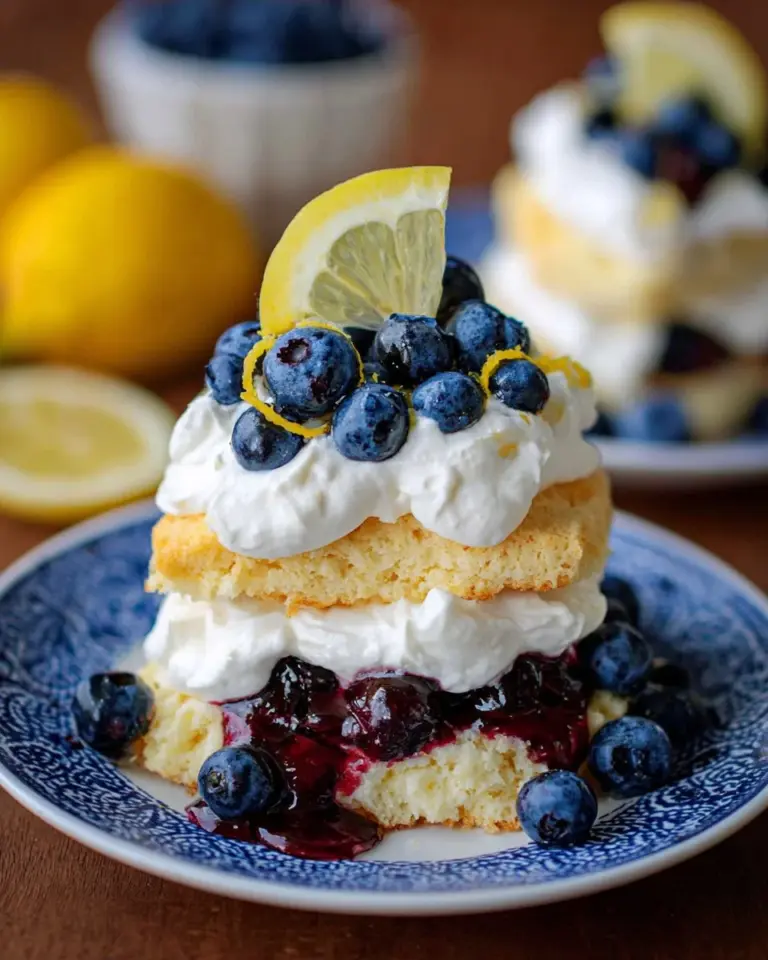 Lemon blueberry shortcake with layers of cake and fresh blueberries