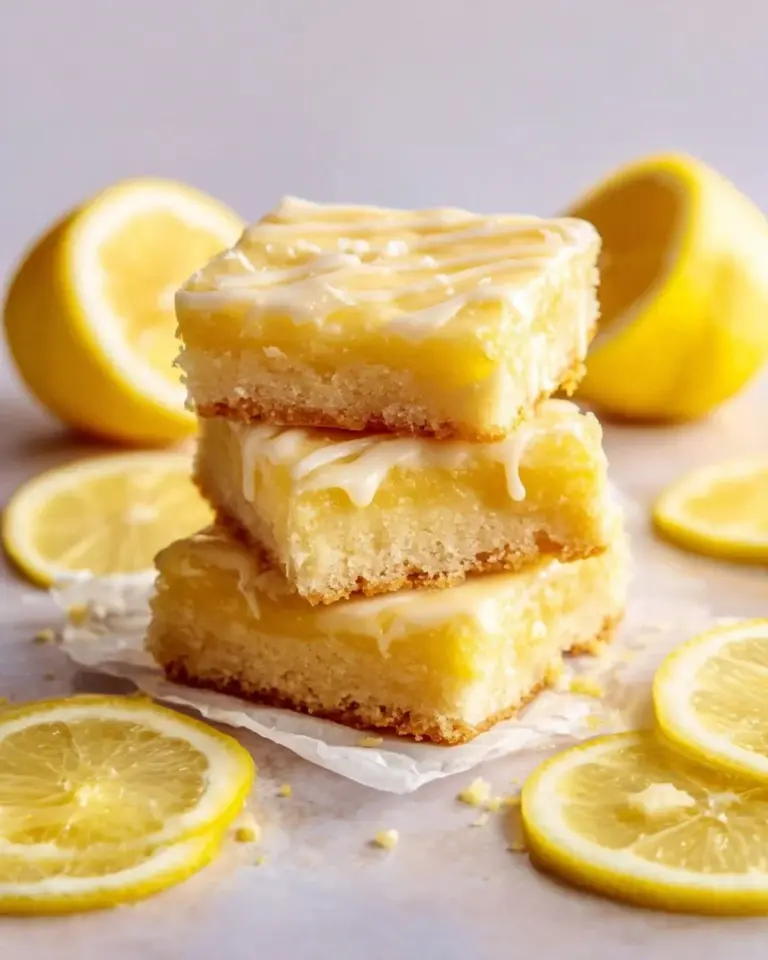 Delicious lemon brownies topped with a vibrant lemon glaze on a white plate