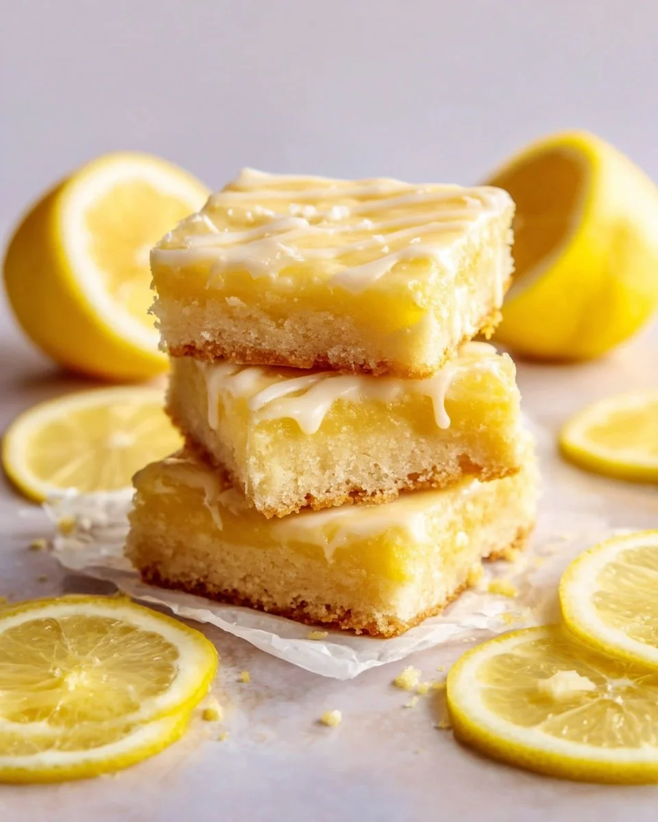 Delicious lemon brownies topped with a vibrant lemon glaze on a white plate