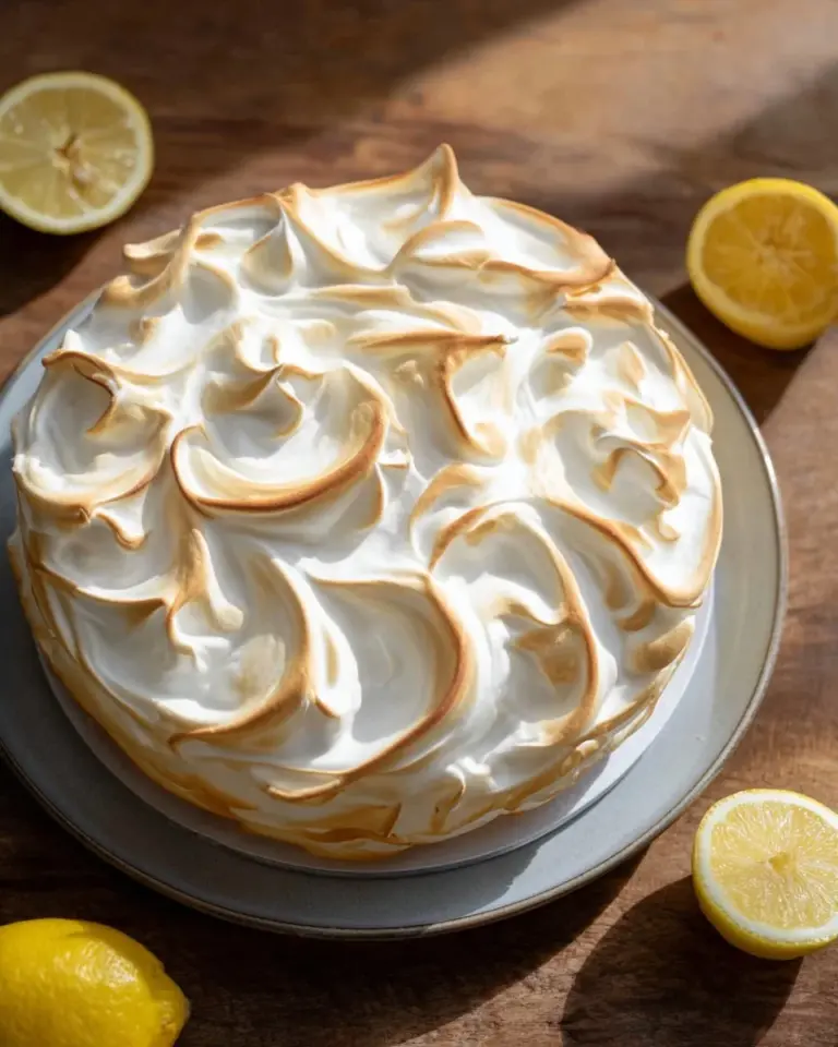 Delicious lemon meringue cheesecake with a golden meringue topping