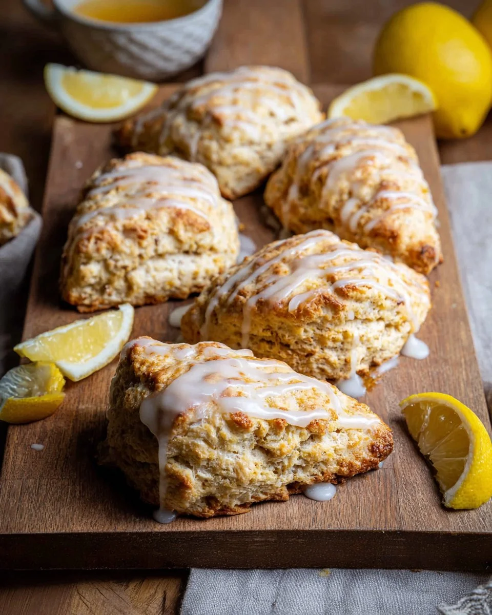 Freshly baked lemon poppy seed scones on a rustic table