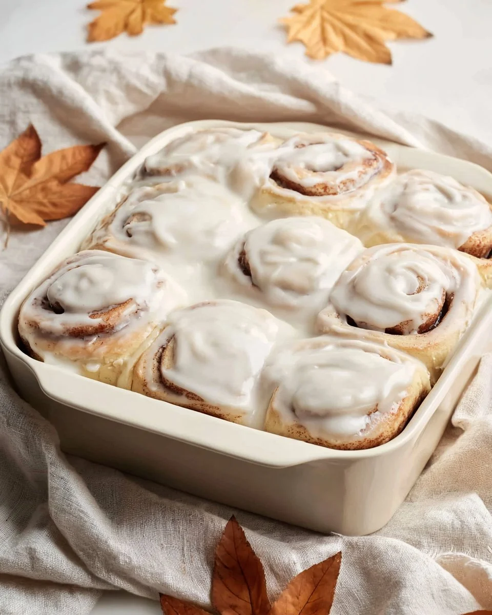 Freshly baked Maple Cinnamon Rolls topped with a drizzle of maple syrup.