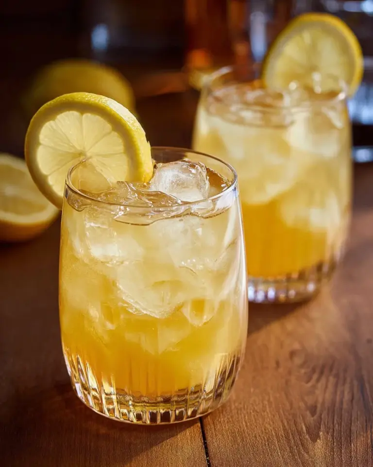 Delicious Maple Whiskey Sour cocktail garnished with lemon and served in a glass.