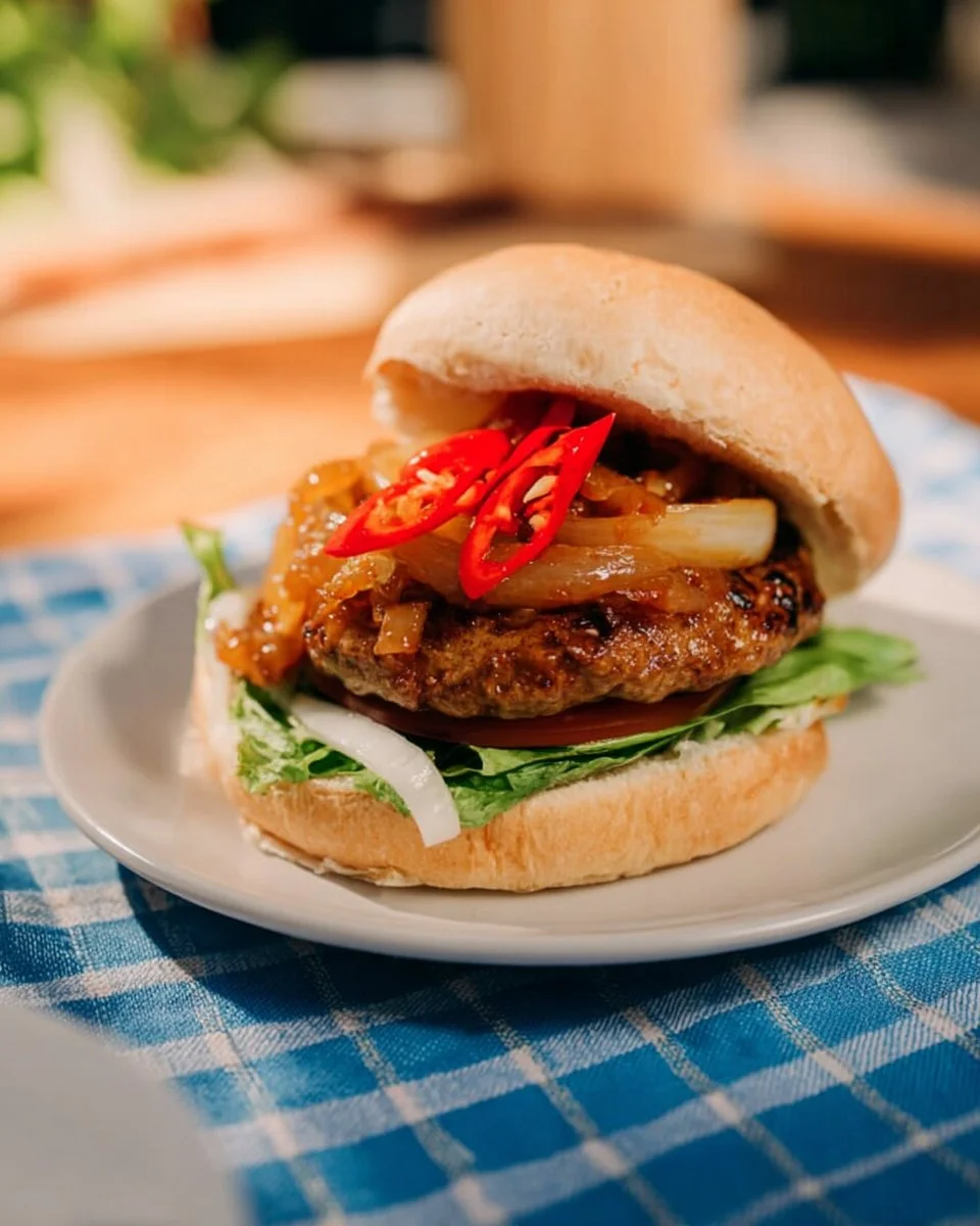 Massaman Curry Burger with rich flavors and vibrant toppings