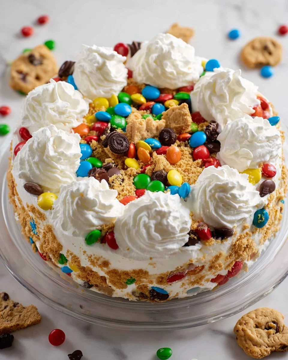 Delicious Monster Cookie Cheesecake topped with cookie pieces and chocolate drizzle.