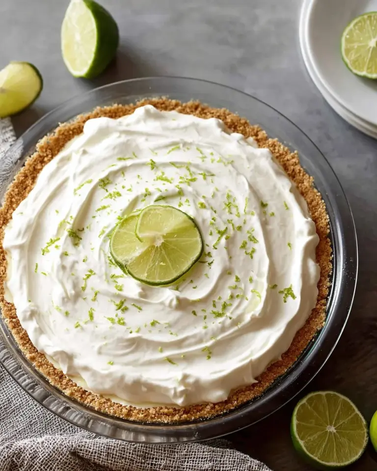 No Bake Key Lime Pie topped with whipped cream and lime slices