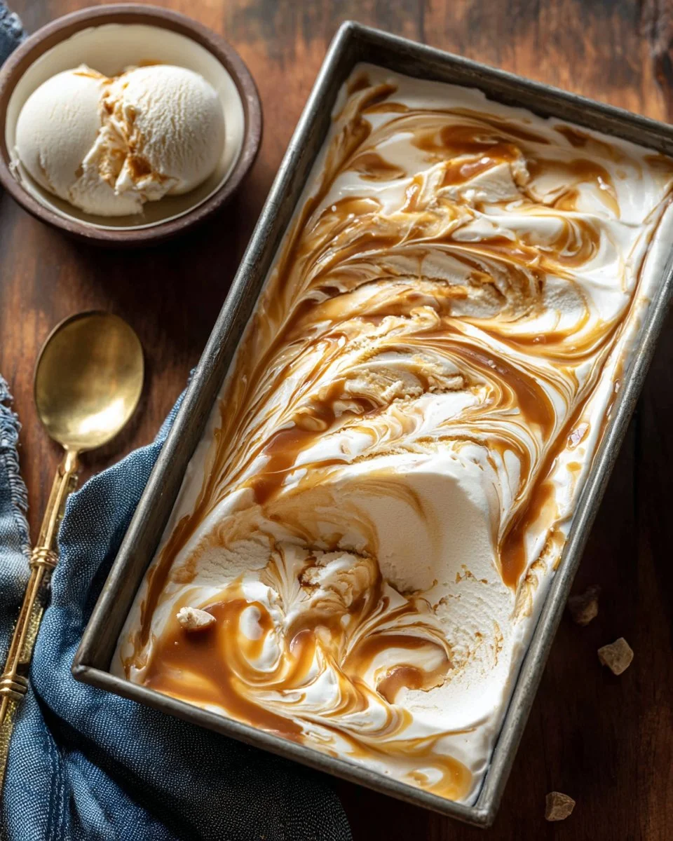 No churn salted caramel ice cream topped with caramel and sea salt