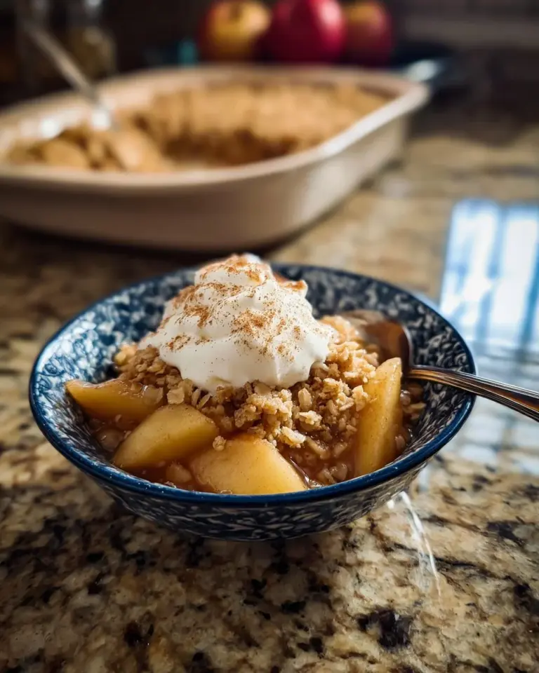 Delicious old fashioned apple crisp dessert with a golden brown topping and baked apples.