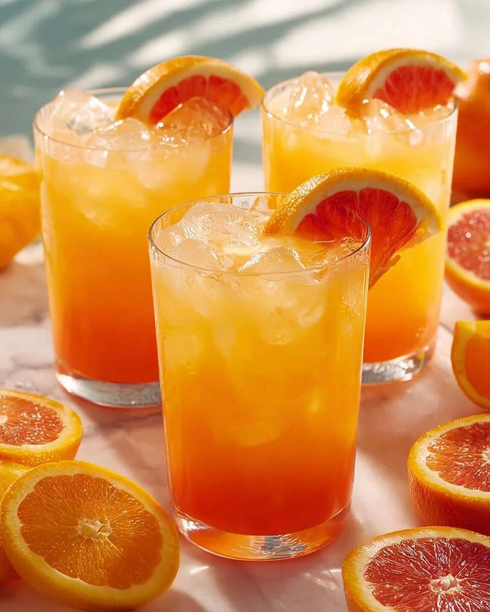 Delicious Orange Crush cocktail garnished with citrus slices and ice in a glass.