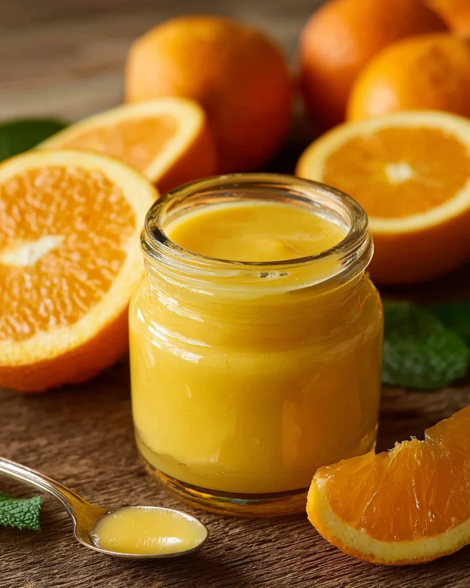Homemade orange curd in a jar with fresh oranges and a spoon
