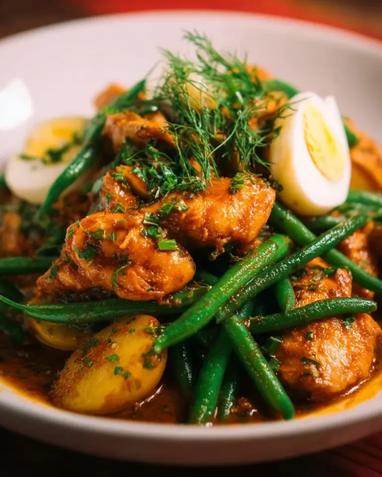 Delicious Pad Prik King Thai red curry stir fry with chicken on a plate.