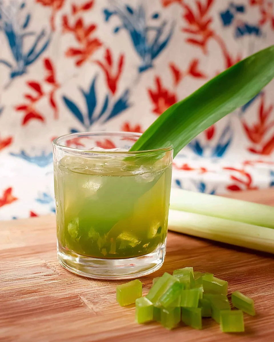 A refreshing glass of Pandan Lemongrass Jelly Iced Tea with vibrant green jelly.