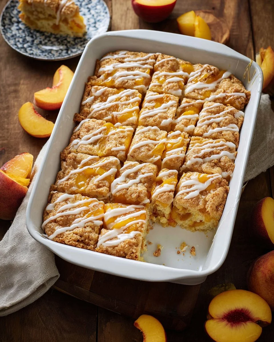 Sliced Peach Crumb Cake topped with buttery crumbs and fresh peach slices
