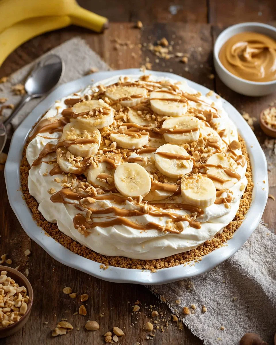 Slice of peanut butter banana cream pie with toppings on a white plate