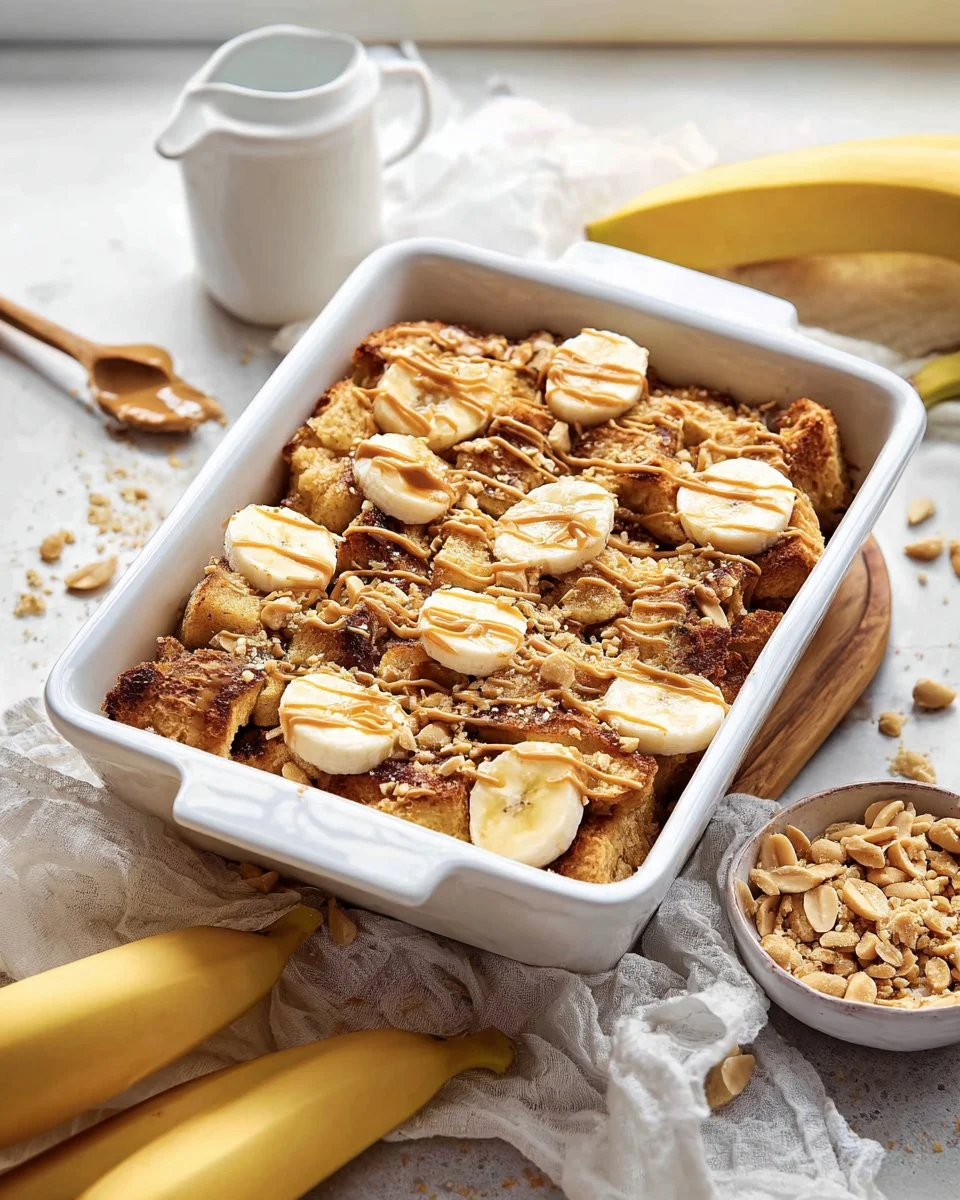 Peanut Butter Banana French Toast topped with sliced bananas and syrup