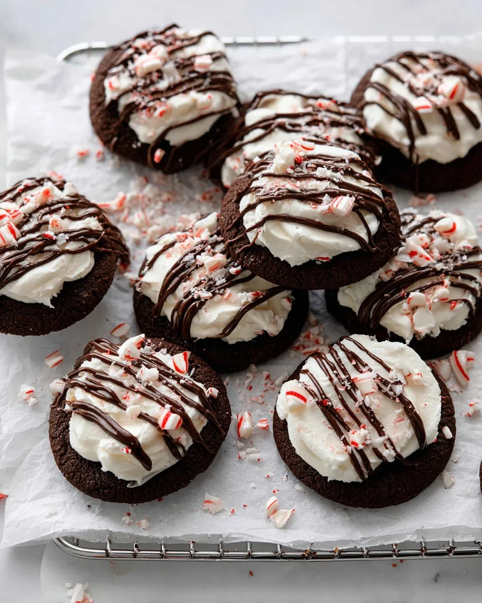 Close-up of peppermint hot chocolate cookies topped with crushed candy canes.