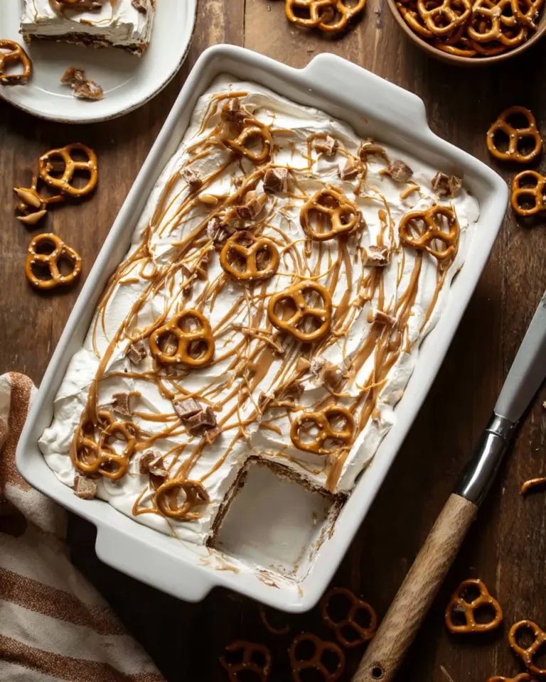 Decadent pretzel crust dessert with a sweet filling and crunchy topping