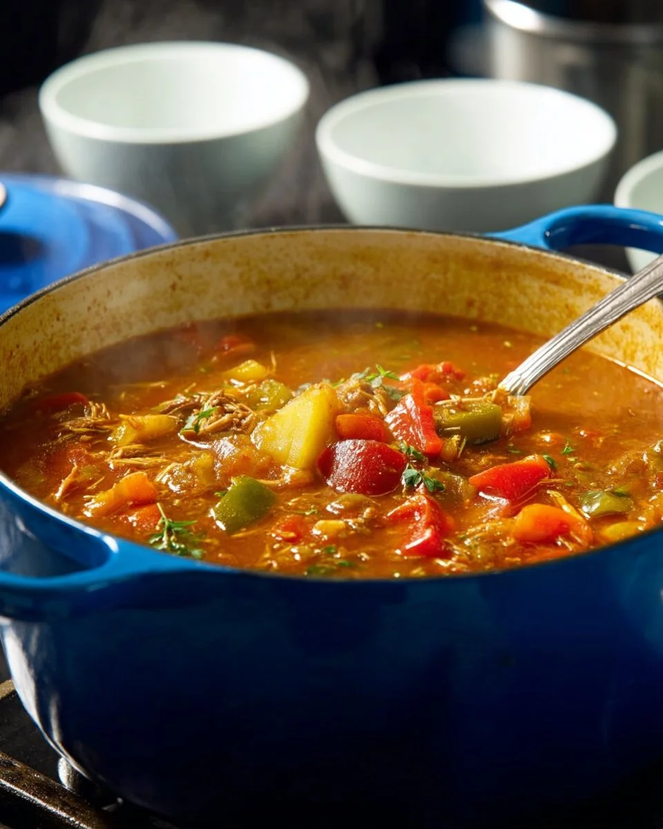 Delicious pulled pork vegetable soup served in a bowl with fresh herbs