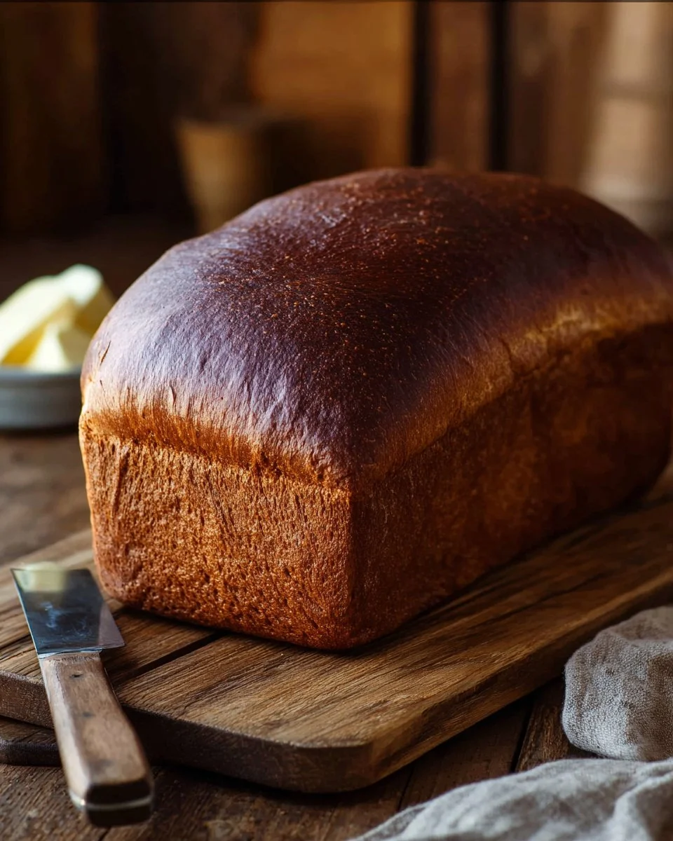 Freshly baked pumpernickel bread sliced and ready to serve.