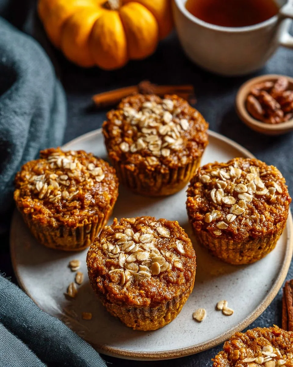 Delicious Pumpkin Baked Oatmeal Cups topped with nuts and spices