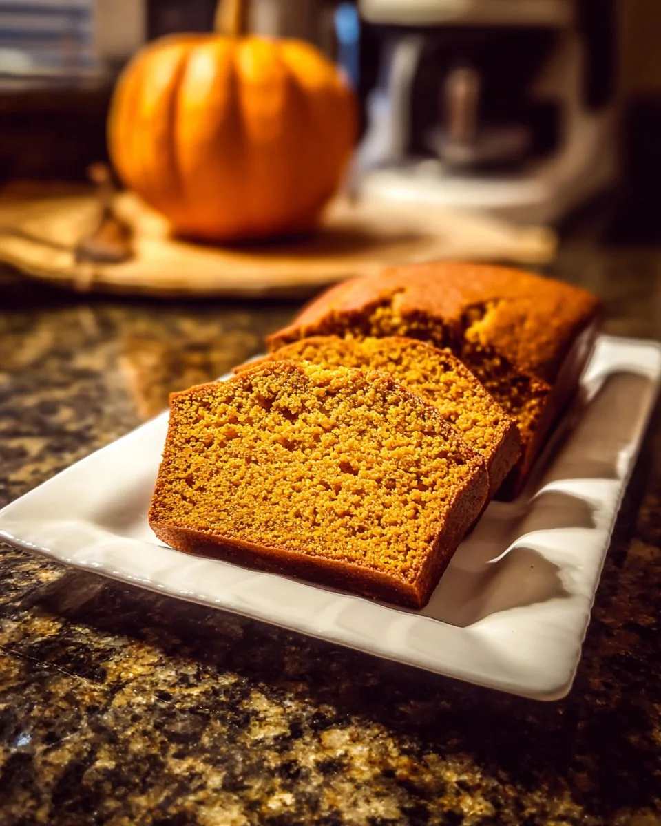 Loaf of homemade pumpkin bread with spices and fall decorations