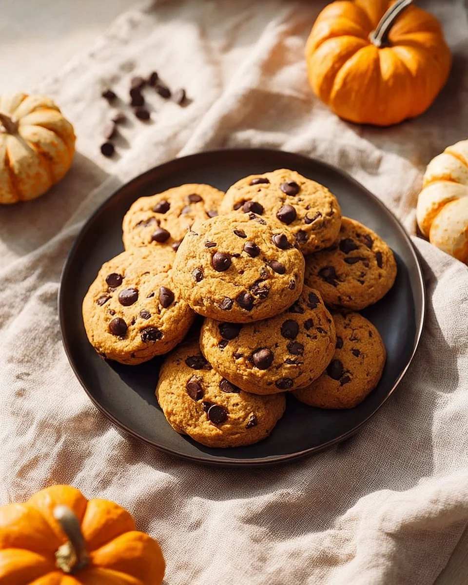 Freshly baked pumpkin chocolate chip cookies on a cooling rack