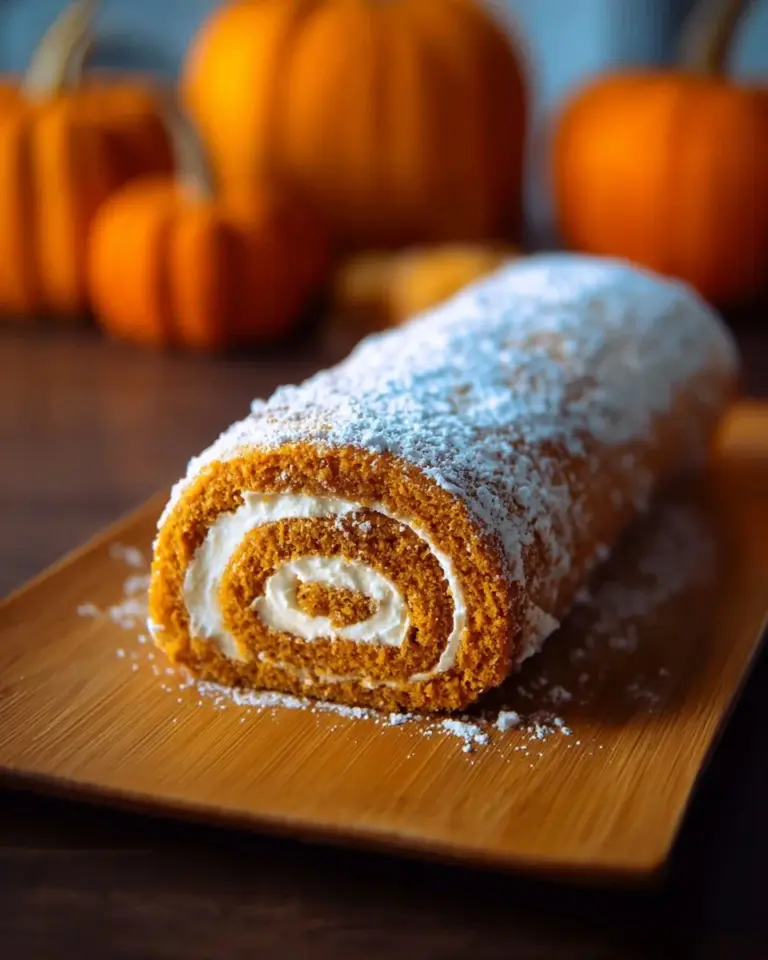 Delicious pumpkin roll dessert with cream cheese filling on a plate