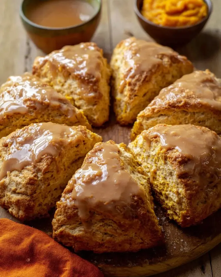 Freshly baked pumpkin scones dusted with powdered sugar on a wooden table.