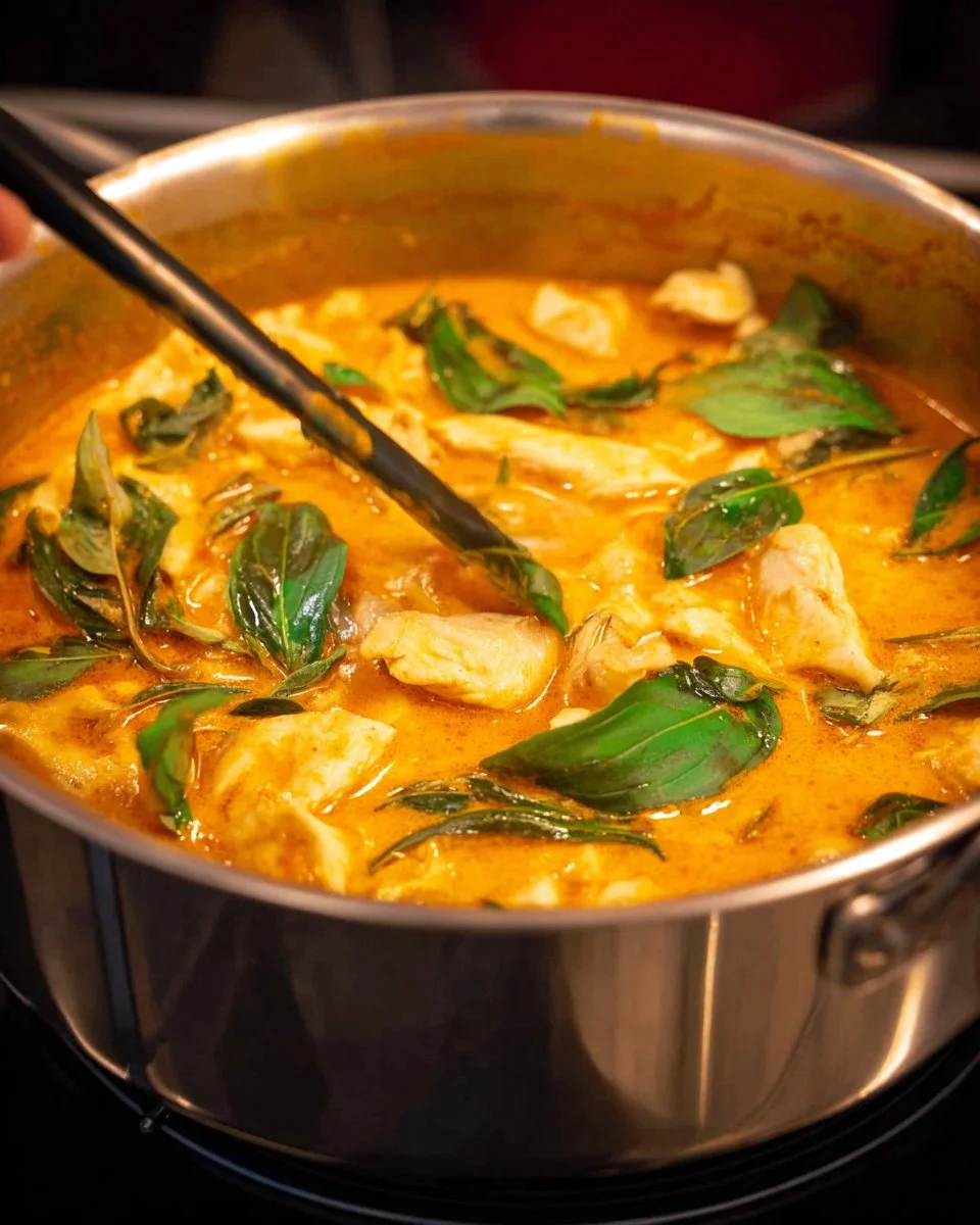 Delicious dish of quick Thai Red Chicken Curry served in a bowl with fresh herbs
