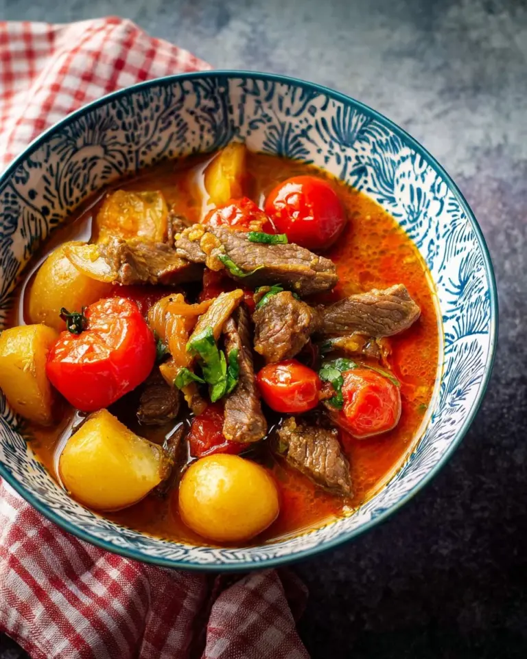 A bowl of quick Thai yellow curry with beef and potatoes, garnished with fresh herbs.