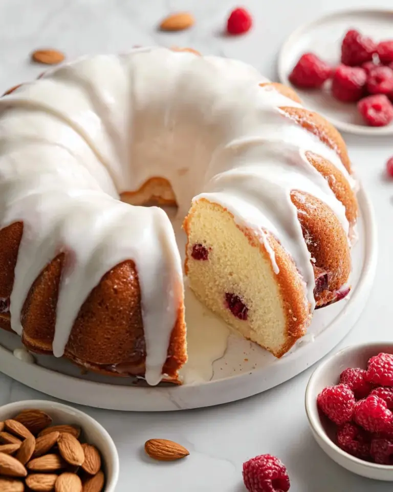 Delicious Raspberry Almond Pound Cake with fresh raspberries and almond slices.