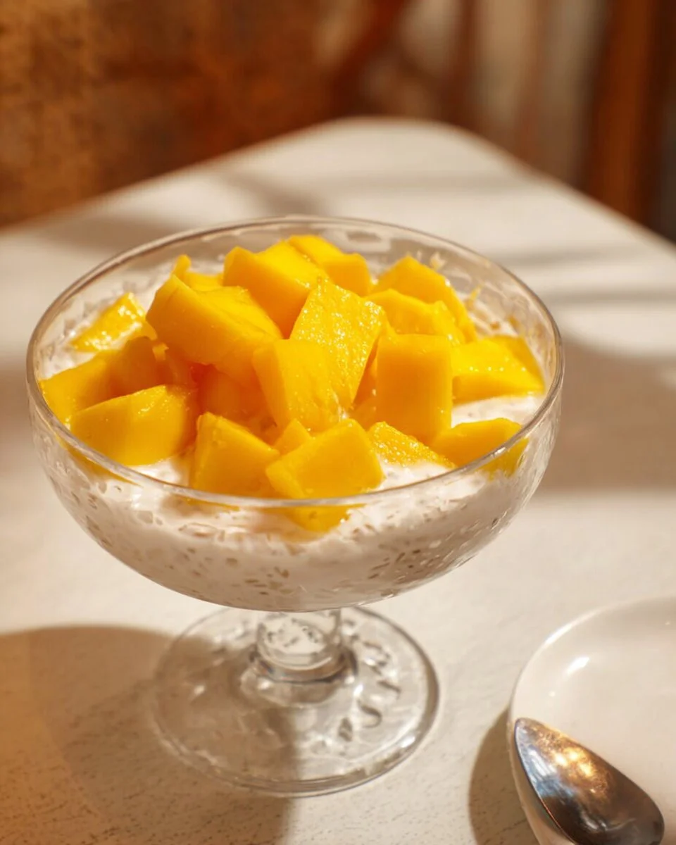 Deliciously creamy real sago pudding served in a bowl with a spoon