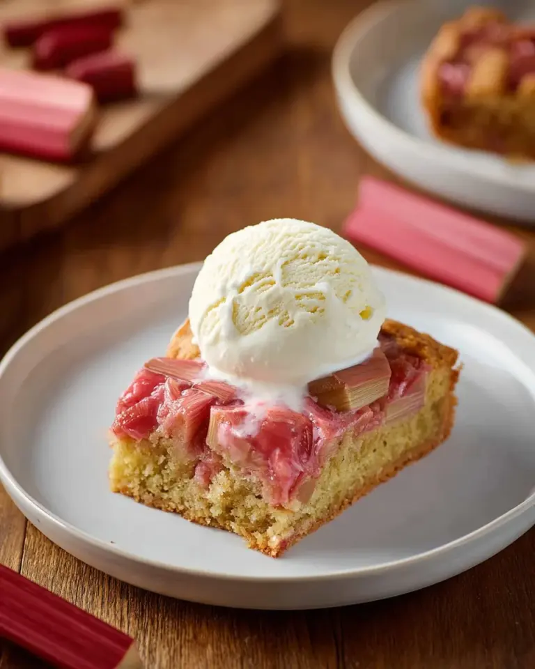 Delicious rhubarb cake served with homemade rhubarb sauce