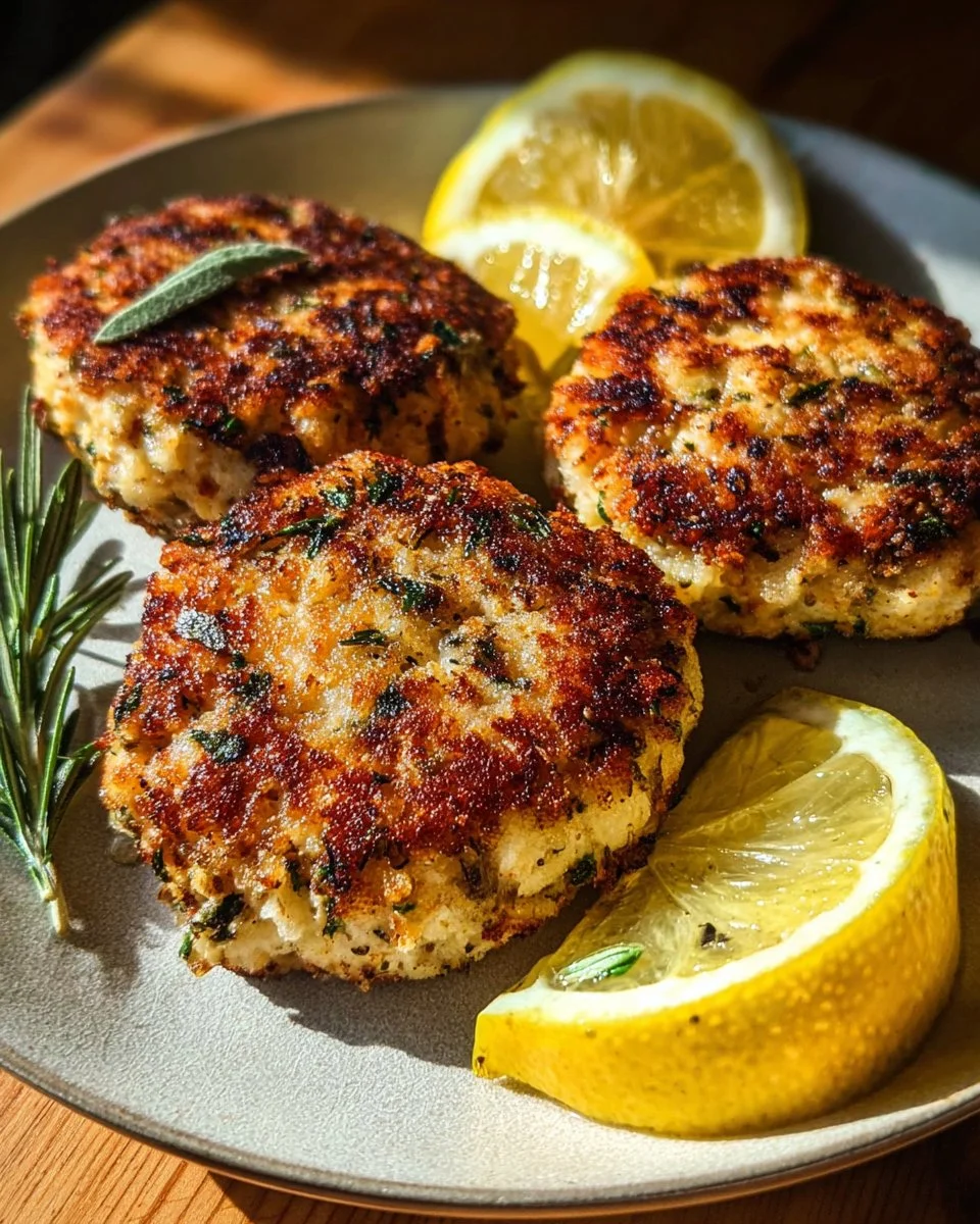 Juicy Rosemary Lemon Chicken Patties served on a plate with fresh herbs