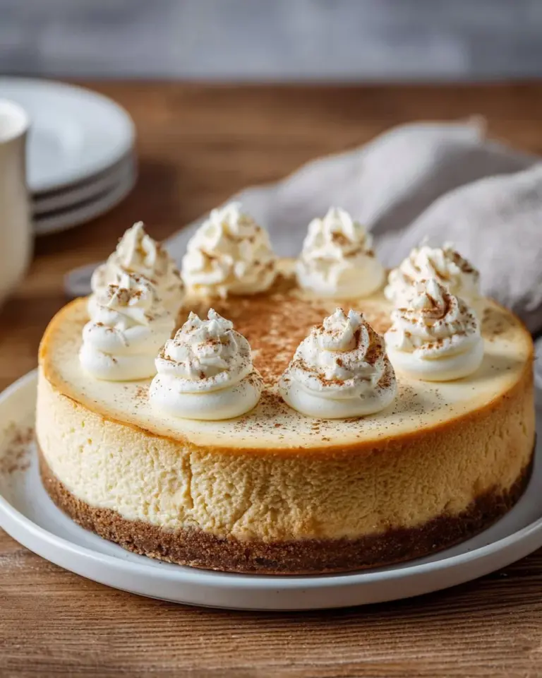 Delicious RumChata Cheesecake topped with whipped cream and cinnamon