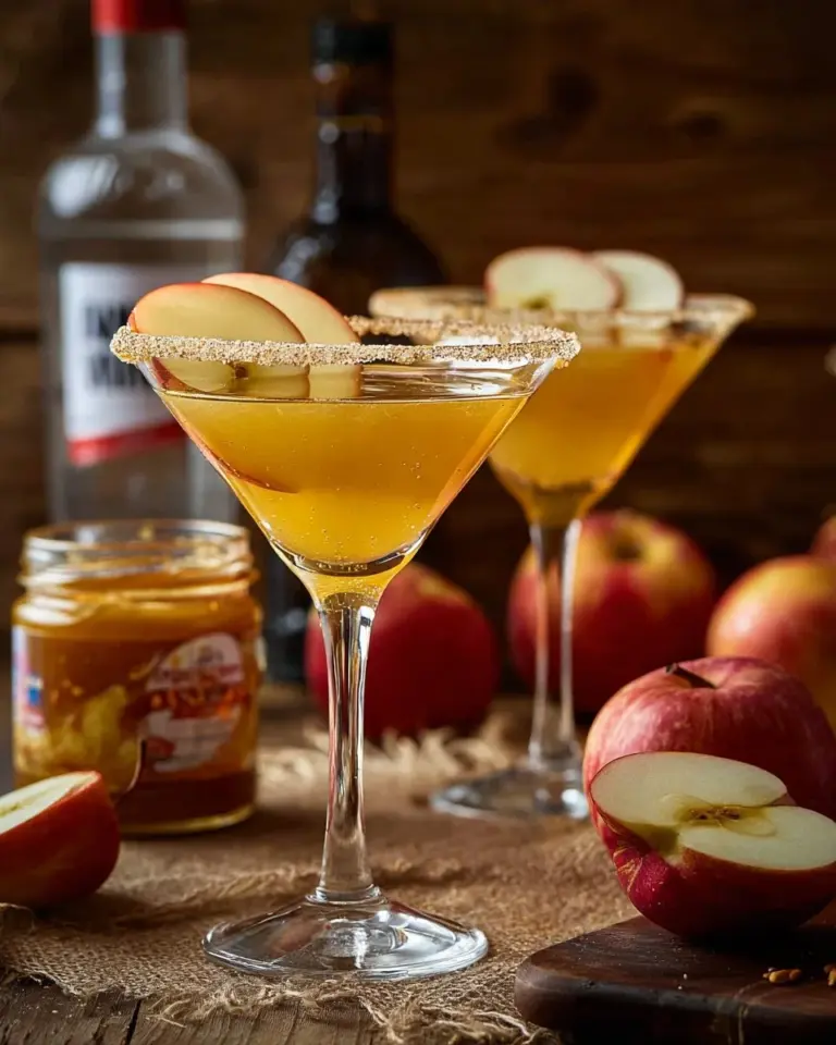 Delicious salted caramel apple martini served in a cocktail glass